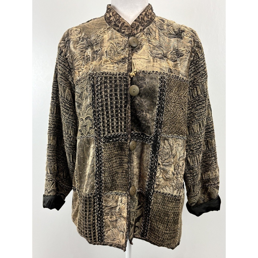 Flashback Velour Velvet Jacket Embroidered Lace Women M Brown Boho Retro Vintage